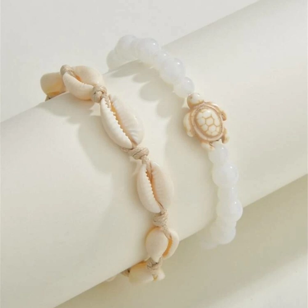 Puka Shell Turtle Charm Anklet Set - 2pcs - Picture 3 of 4